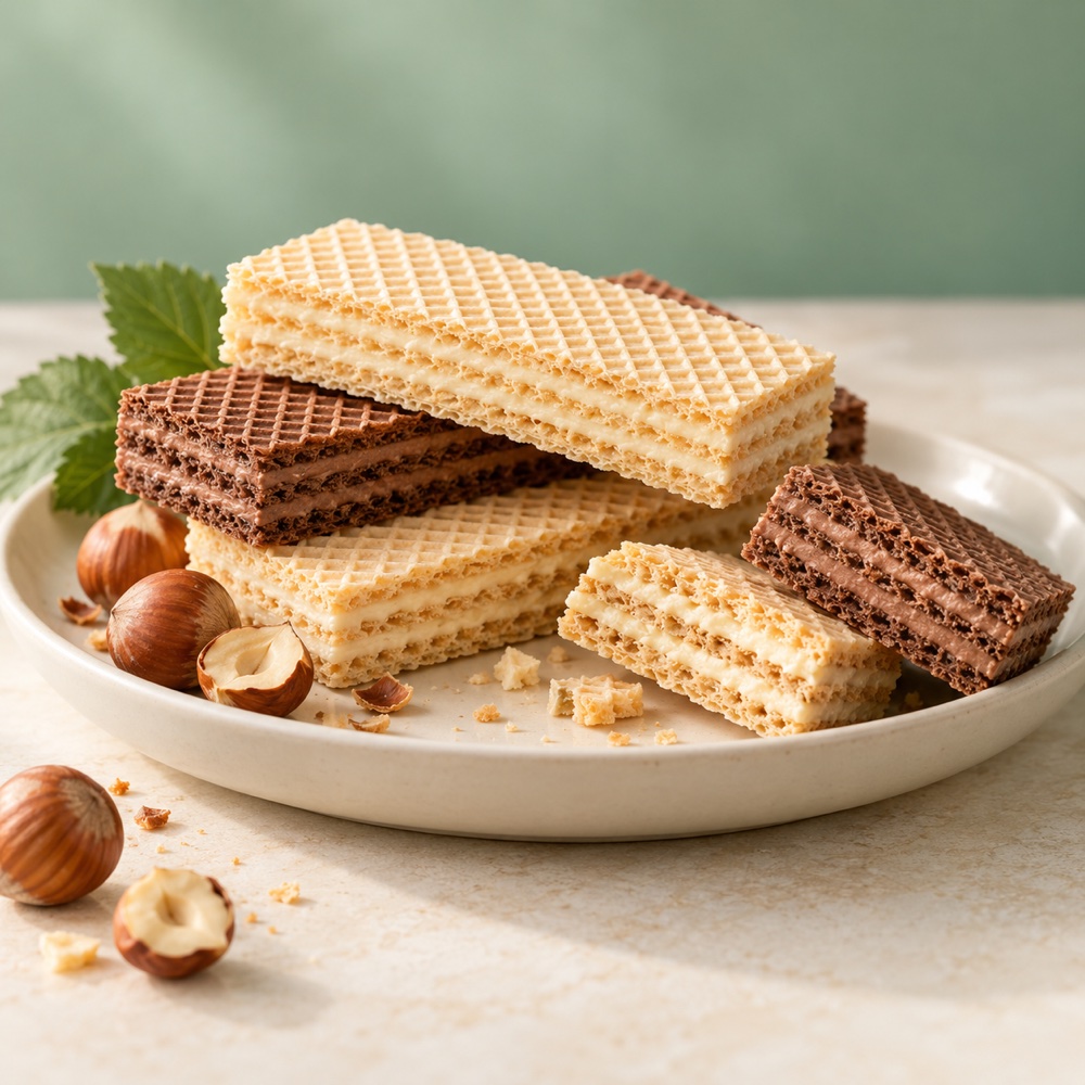 Cocoa and cream-filled wafers on a plate